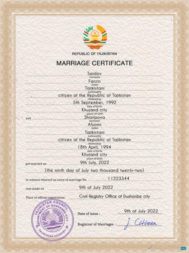 Download Tajikistan marriage certificate PSD template Photoshop template